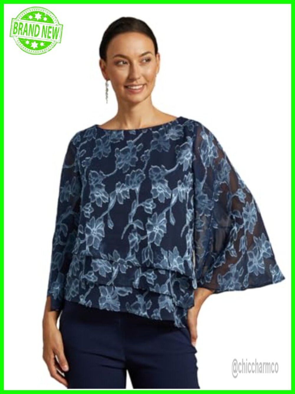 Floral Jacquard Chiffon Blouse Womens Bell Sleeve Dressy Casual Top